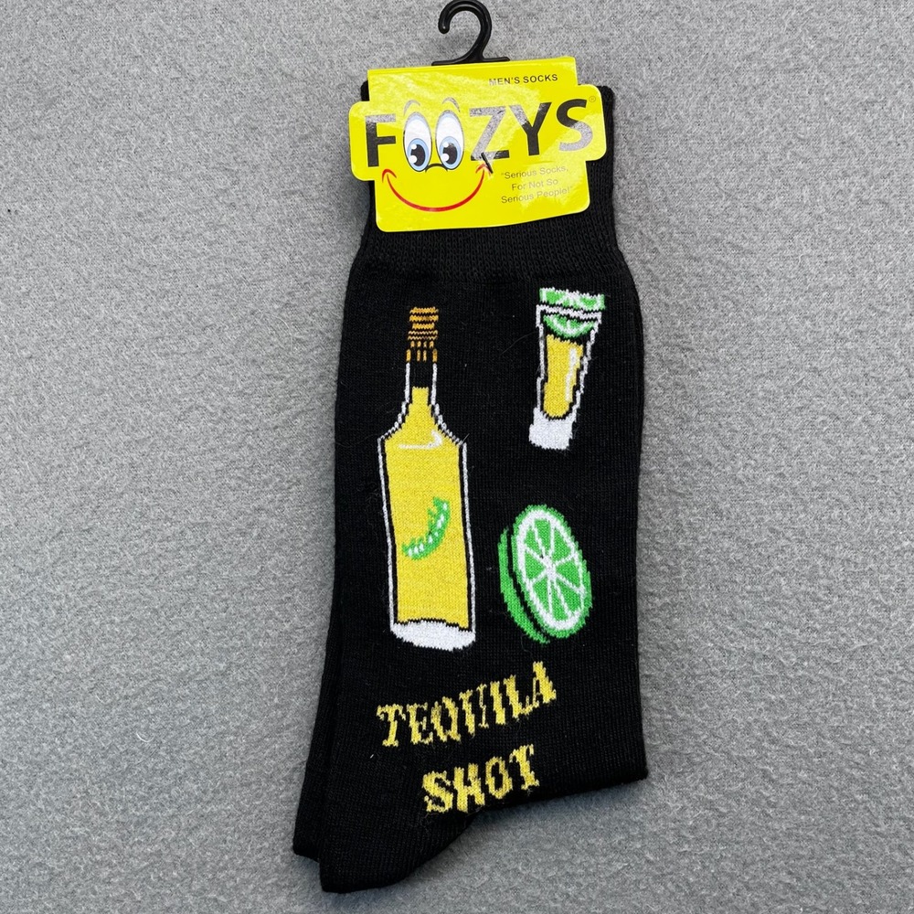 FOOZYS Mens Socks Black Tequila Shot Bottle Lime Glass Fun‎ Novelty Size 10 13
